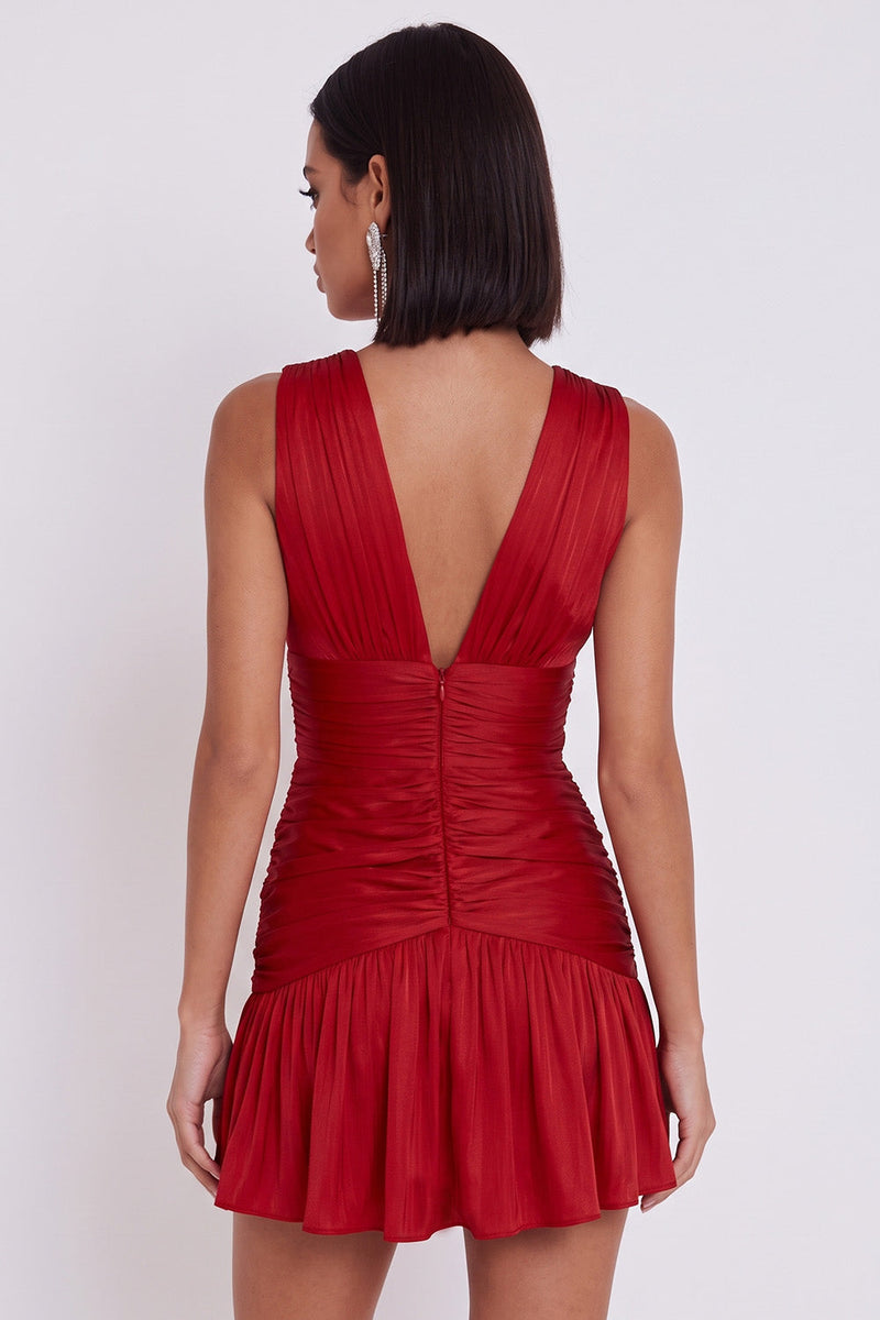 Laden Sie das Bild in den Galerie-Viewer, Rotes V-Ausschnitt A-Linie Gerafftes Bodycon Kurzes Cocktailkleid