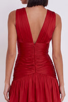 Laden Sie das Bild in den Galerie-Viewer, Rotes V-Ausschnitt A-Linie Gerafftes Bodycon Kurzes Cocktailkleid