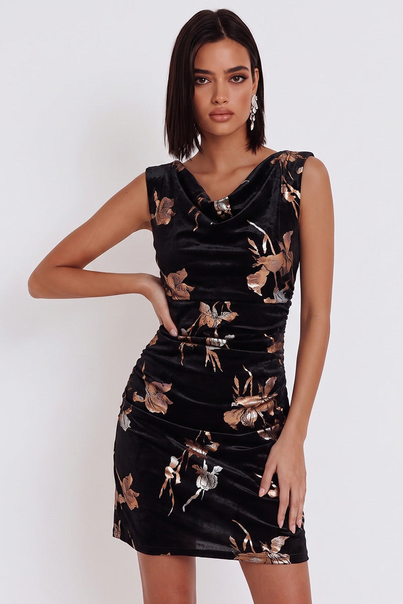 Laden Sie das Bild in den Galerie-Viewer, Schwarzes Samt Bodycon Muster Cowl-Ausschnitt Kurzes Cocktailkleid