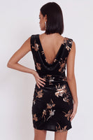 Laden Sie das Bild in den Galerie-Viewer, Schwarzes Samt Bodycon Muster Cowl-Ausschnitt Kurzes Cocktailkleid