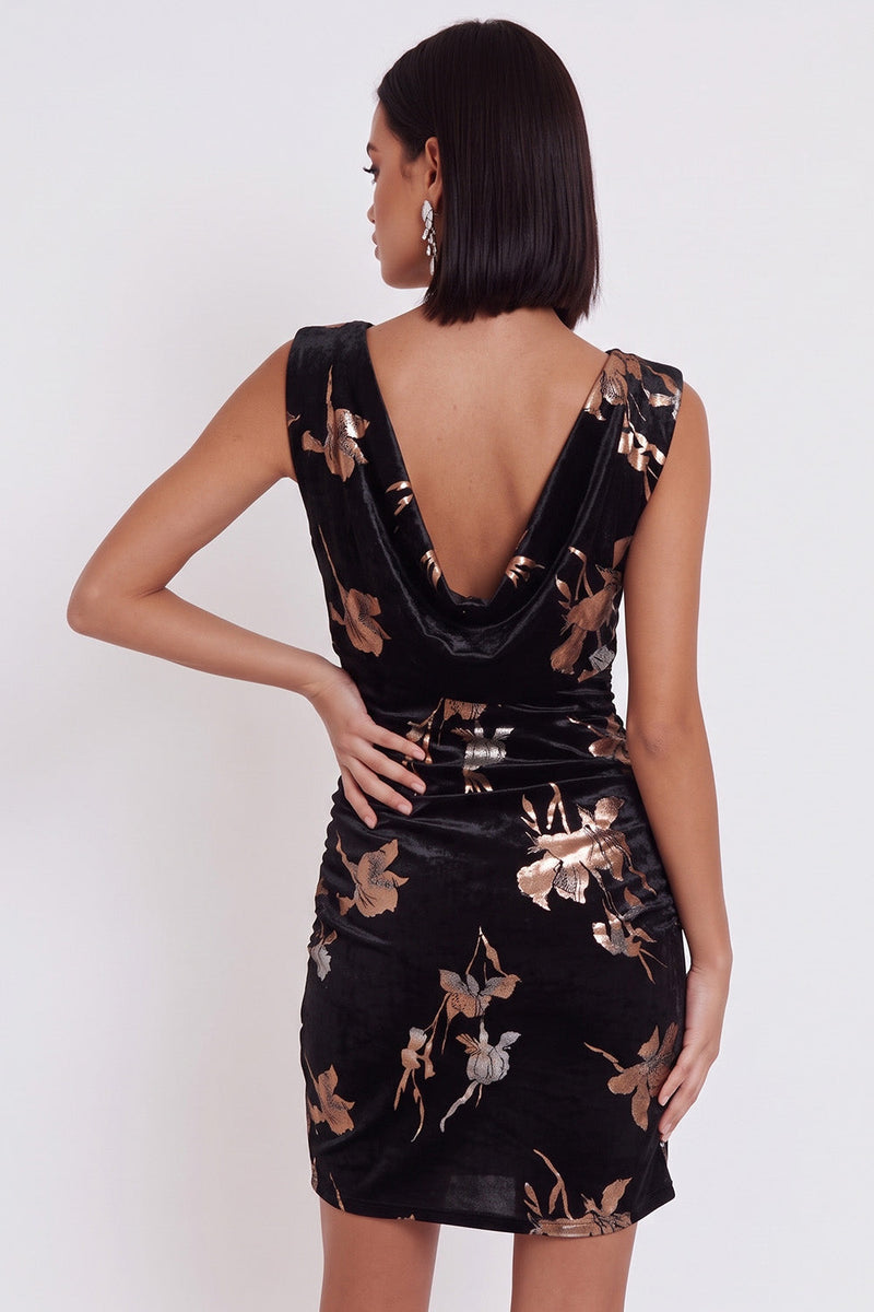 Laden Sie das Bild in den Galerie-Viewer, Schwarzes Samt Bodycon Muster Cowl-Ausschnitt Kurzes Cocktailkleid