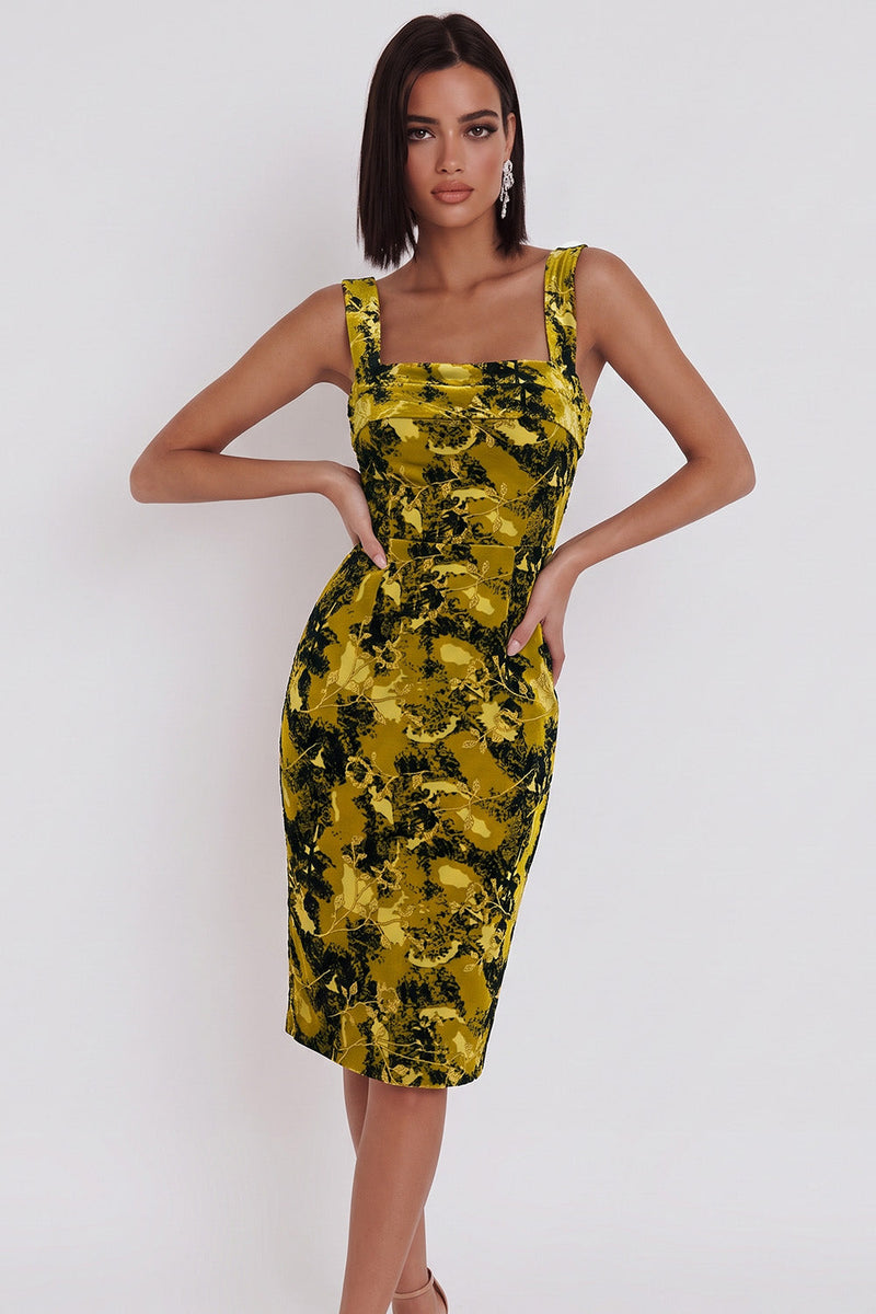 Laden Sie das Bild in den Galerie-Viewer, Gelbgrünes Bedrucktes Bodycon Quadratischer Ausschnitt Midi-Cocktailkleid