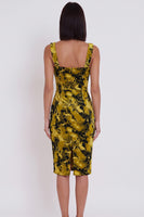 Laden Sie das Bild in den Galerie-Viewer, Gelbgrünes Bedrucktes Bodycon Quadratischer Ausschnitt Midi-Cocktailkleid