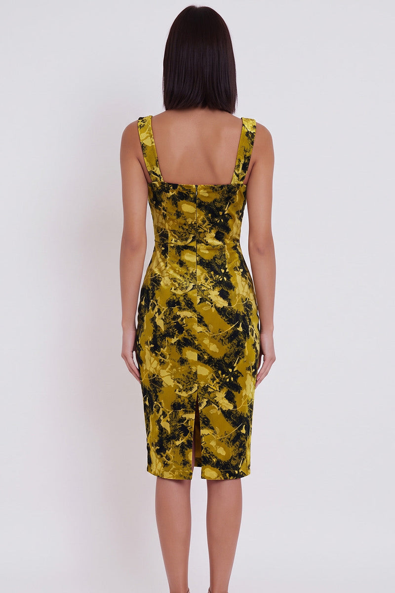 Laden Sie das Bild in den Galerie-Viewer, Gelbgrünes Bedrucktes Bodycon Quadratischer Ausschnitt Midi-Cocktailkleid