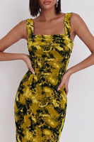 Laden Sie das Bild in den Galerie-Viewer, Gelbgrünes Bedrucktes Bodycon Quadratischer Ausschnitt Midi-Cocktailkleid