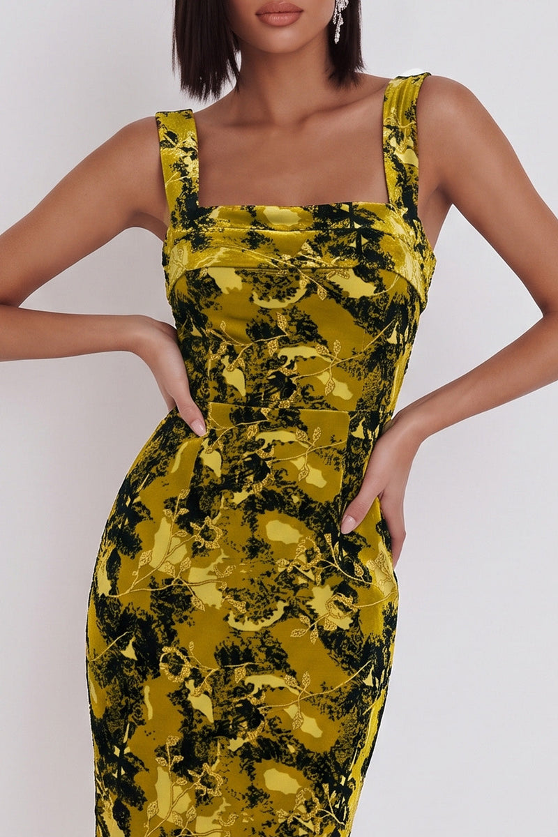 Laden Sie das Bild in den Galerie-Viewer, Gelbgrünes Bedrucktes Bodycon Quadratischer Ausschnitt Midi-Cocktailkleid