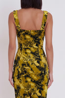 Laden Sie das Bild in den Galerie-Viewer, Gelbgrünes Bedrucktes Bodycon Quadratischer Ausschnitt Midi-Cocktailkleid