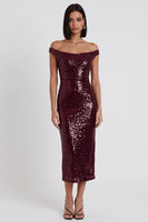 Laden Sie das Bild in den Galerie-Viewer, Glitzerndes Burgunderrotes Pailletten Off-the-Shoulder Pailletten Midi Cocktailkleid