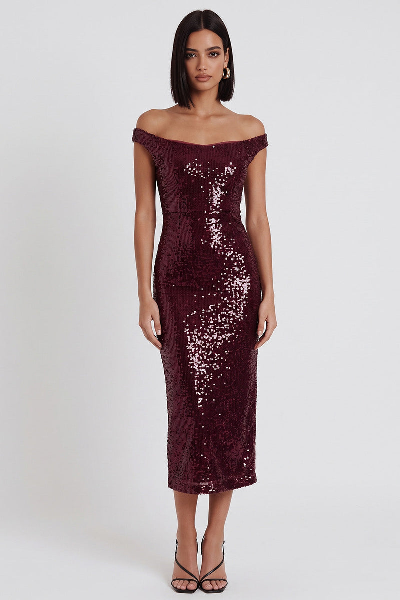Laden Sie das Bild in den Galerie-Viewer, Glitzerndes Burgunderrotes Pailletten Off-the-Shoulder Pailletten Midi Cocktailkleid