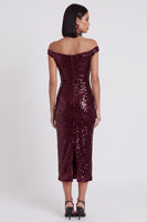 Laden Sie das Bild in den Galerie-Viewer, Glitzerndes Burgunderrotes Pailletten Off-the-Shoulder Pailletten Midi Cocktailkleid