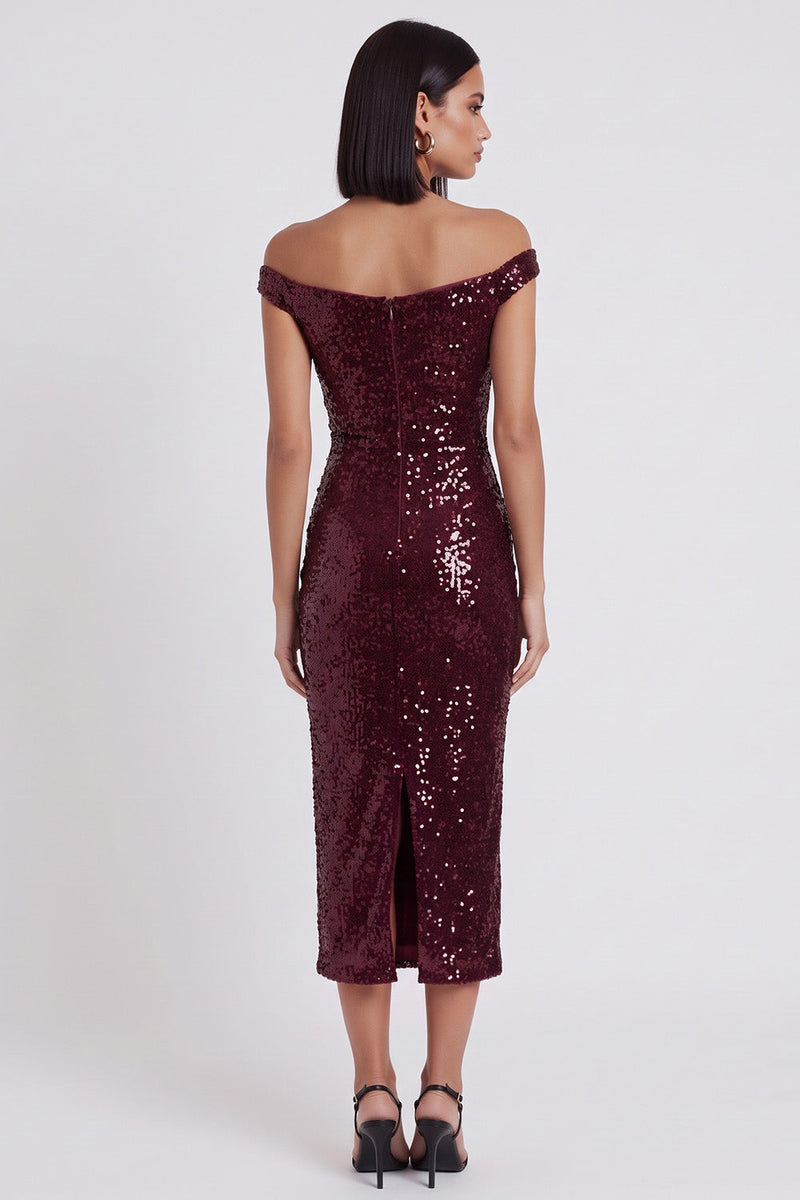 Laden Sie das Bild in den Galerie-Viewer, Glitzerndes Burgunderrotes Pailletten Off-the-Shoulder Pailletten Midi Cocktailkleid