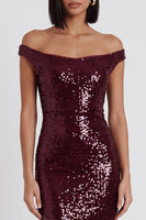 Laden Sie das Bild in den Galerie-Viewer, Glitzerndes Burgunderrotes Pailletten Off-the-Shoulder Pailletten Midi Cocktailkleid