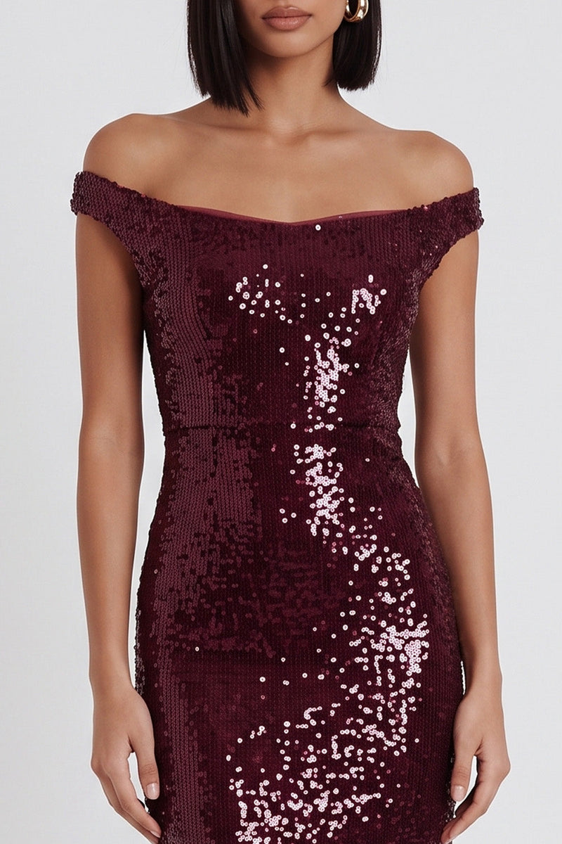 Laden Sie das Bild in den Galerie-Viewer, Glitzerndes Burgunderrotes Pailletten Off-the-Shoulder Pailletten Midi Cocktailkleid