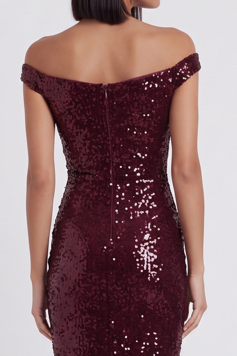 Laden Sie das Bild in den Galerie-Viewer, Glitzerndes Burgunderrotes Pailletten Off-the-Shoulder Pailletten Midi Cocktailkleid