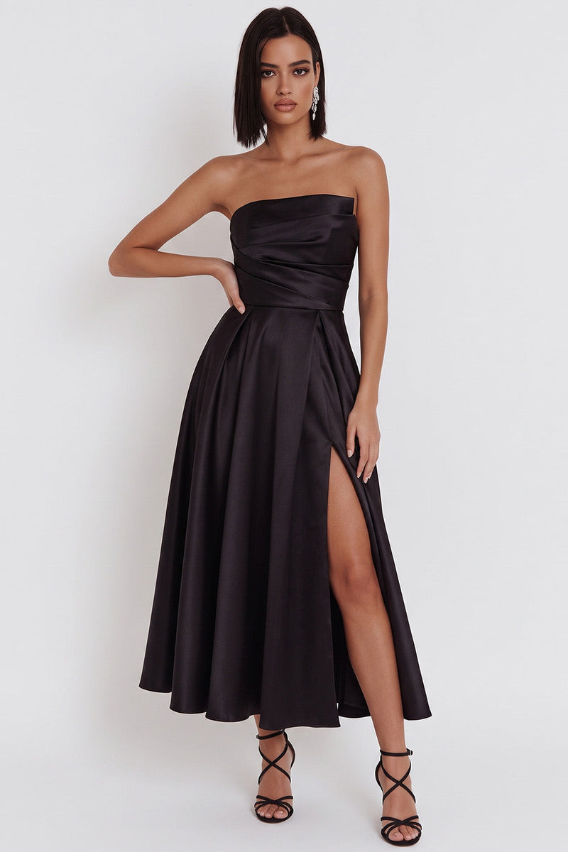 Laden Sie das Bild in den Galerie-Viewer, Schwarzes Trägerloses A-Linie Midi Cocktailkleid mit Schlitz