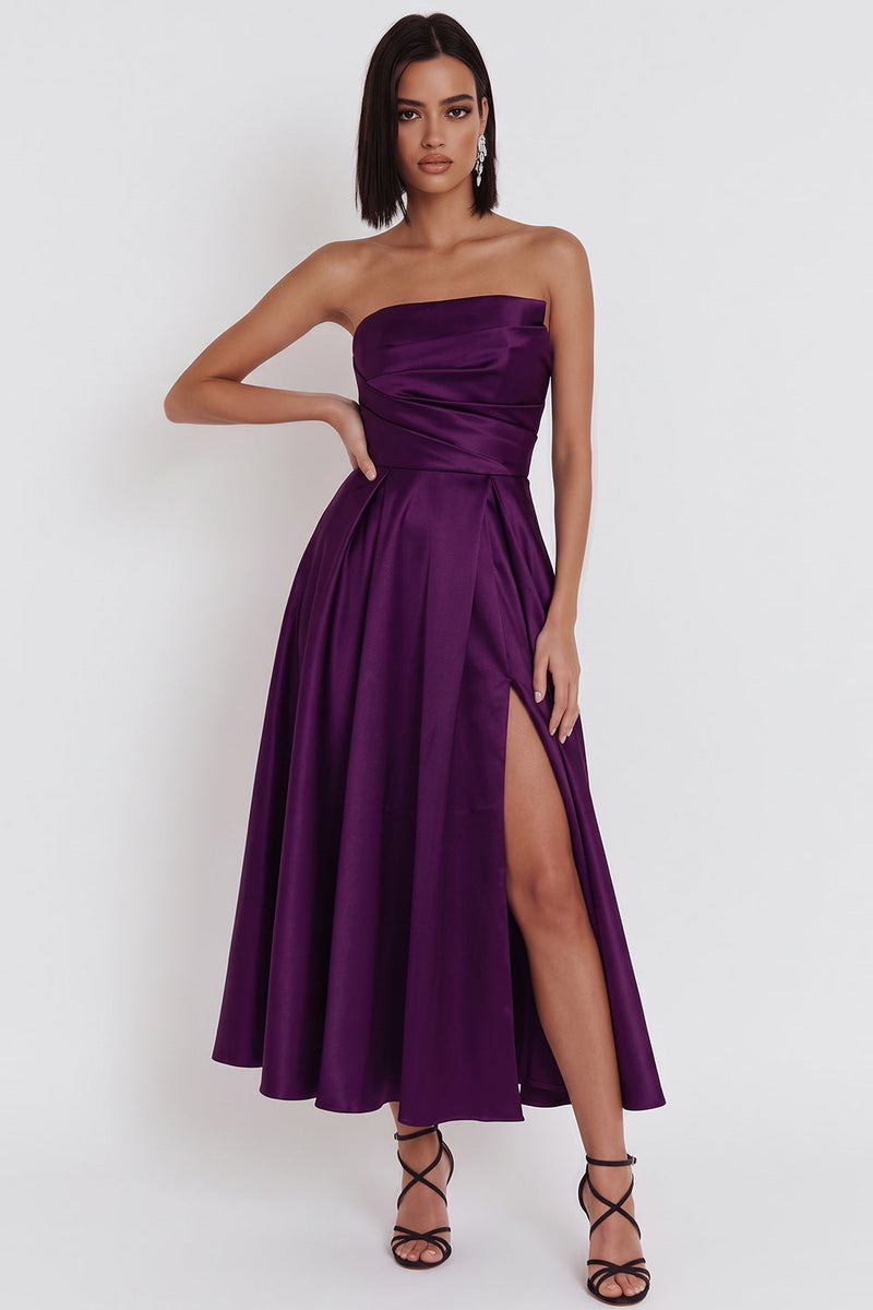 Laden Sie das Bild in den Galerie-Viewer, Schwarzes Trägerloses A-Linie Midi Cocktailkleid mit Schlitz