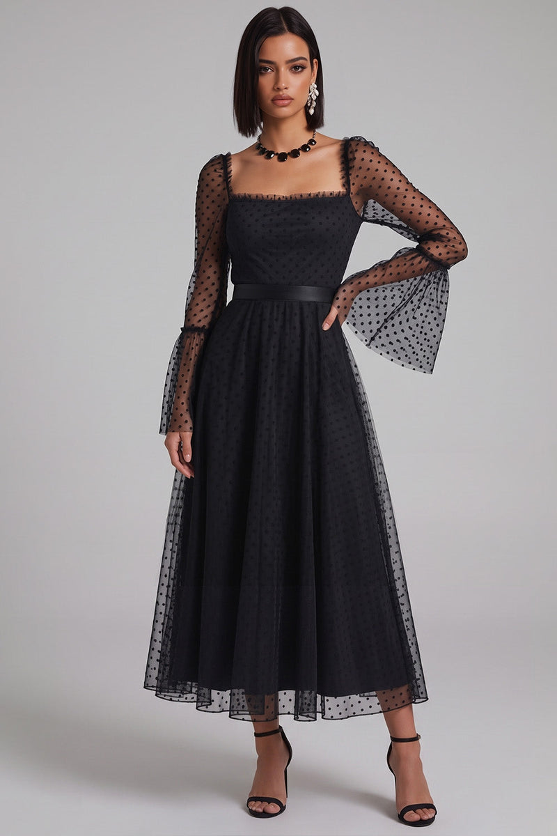 Laden Sie das Bild in den Galerie-Viewer, Schwarzes Polka-Punkte A-Linie Quadratischer Ausschnitt Tüll Midi Cocktailkleid mit weiten Ärmeln