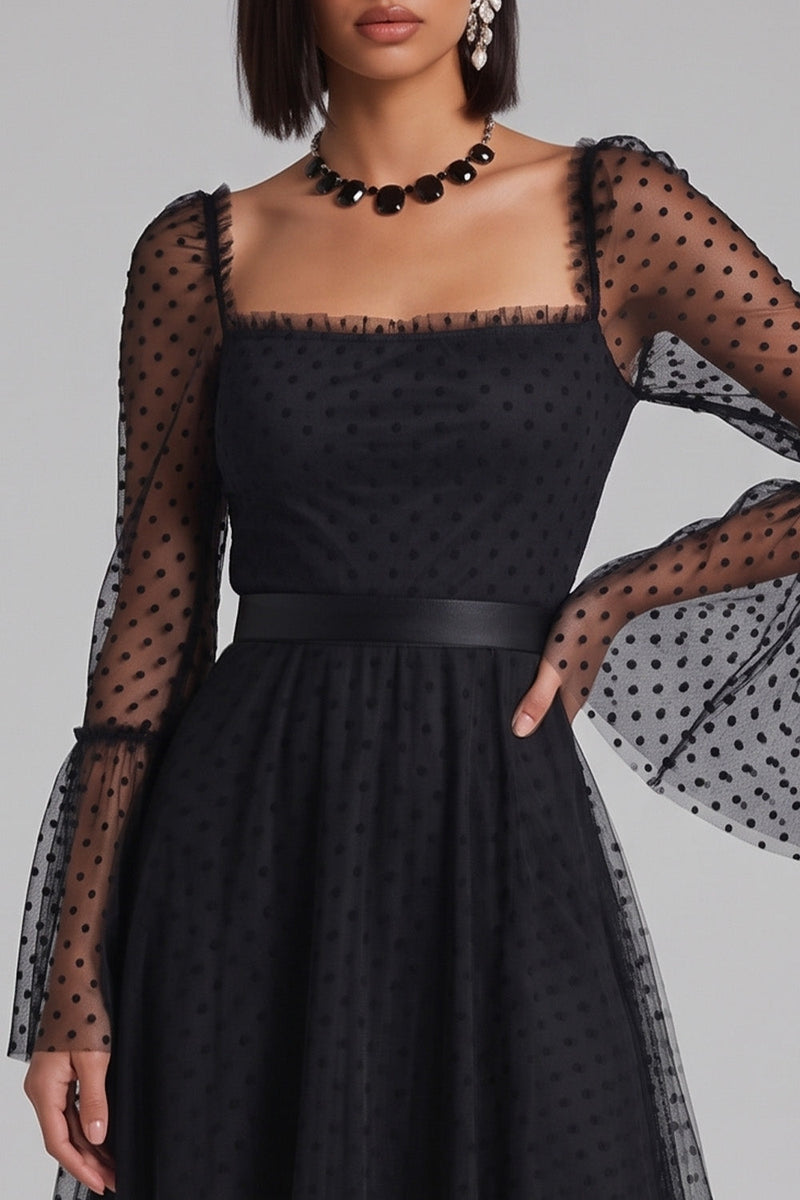 Laden Sie das Bild in den Galerie-Viewer, Schwarzes Polka-Punkte A-Linie Quadratischer Ausschnitt Tüll Midi Cocktailkleid mit weiten Ärmeln