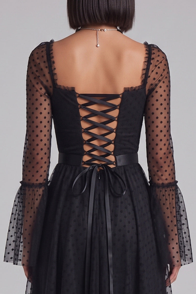 Laden Sie das Bild in den Galerie-Viewer, Schwarzes Polka-Punkte A-Linie Quadratischer Ausschnitt Tüll Midi Cocktailkleid mit weiten Ärmeln