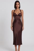 Laden Sie das Bild in den Galerie-Viewer, Dunkelbraunes Satin Korsett Bodycon Halter Midi-Cocktailkleid