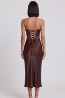 Laden Sie das Bild in den Galerie-Viewer, Dunkelbraunes Satin Korsett Bodycon Halter Midi-Cocktailkleid