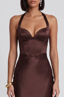 Laden Sie das Bild in den Galerie-Viewer, Dunkelbraunes Satin Korsett Bodycon Halter Midi-Cocktailkleid