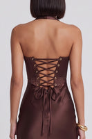 Laden Sie das Bild in den Galerie-Viewer, Dunkelbraunes Satin Korsett Bodycon Halter Midi-Cocktailkleid