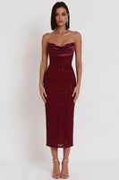 Laden Sie das Bild in den Galerie-Viewer, Glitzerburgundrotes Korsett Bodycon Satin Trägerloses Midi-Cocktailkleid