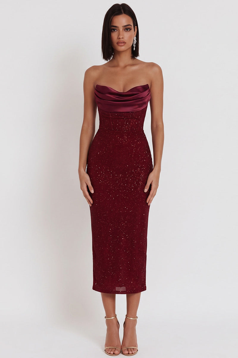 Laden Sie das Bild in den Galerie-Viewer, Glitzerburgundrotes Korsett Bodycon Satin Trägerloses Midi-Cocktailkleid