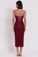 Laden Sie das Bild in den Galerie-Viewer, Glitzerburgundrotes Korsett Bodycon Satin Trägerloses Midi-Cocktailkleid