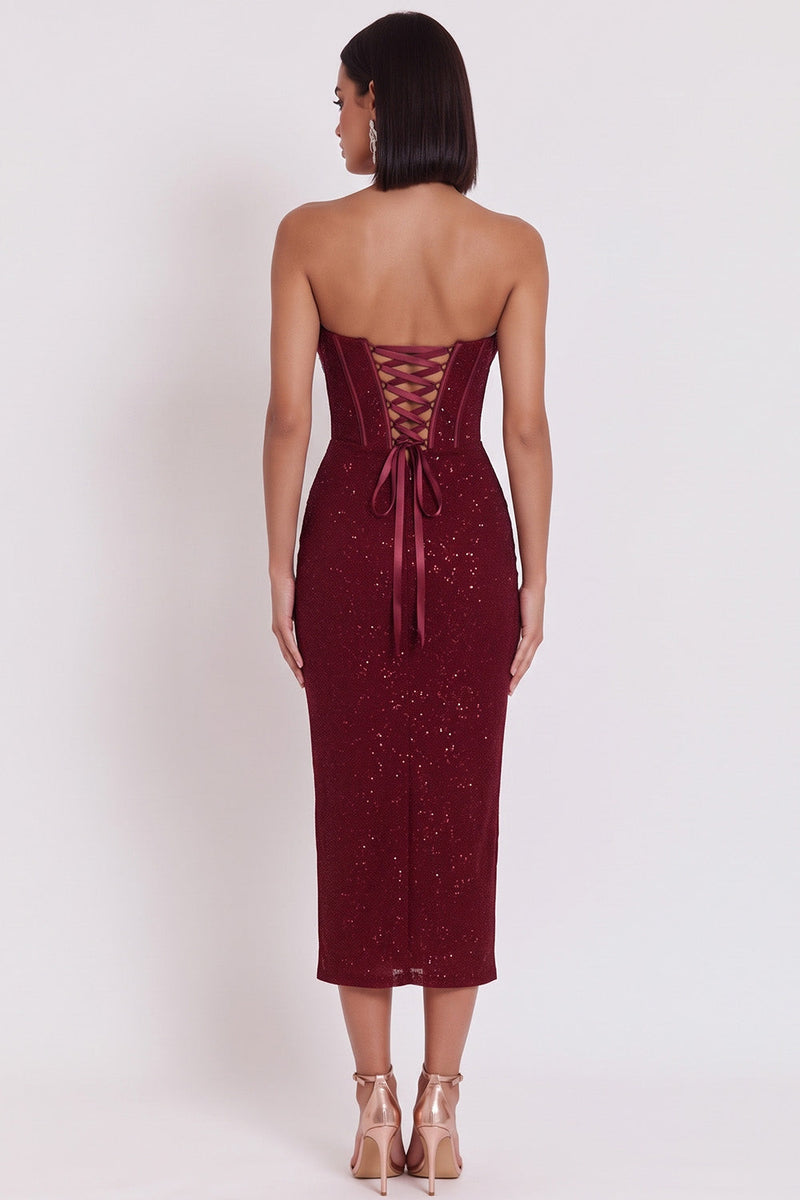 Laden Sie das Bild in den Galerie-Viewer, Glitzerburgundrotes Korsett Bodycon Satin Trägerloses Midi-Cocktailkleid