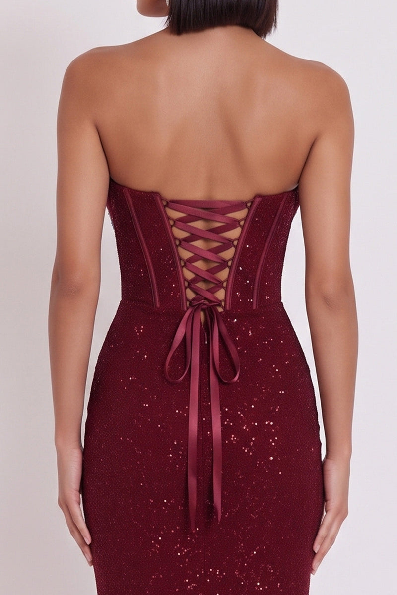 Laden Sie das Bild in den Galerie-Viewer, Glitzerburgundrotes Korsett Bodycon Satin Trägerloses Midi-Cocktailkleid