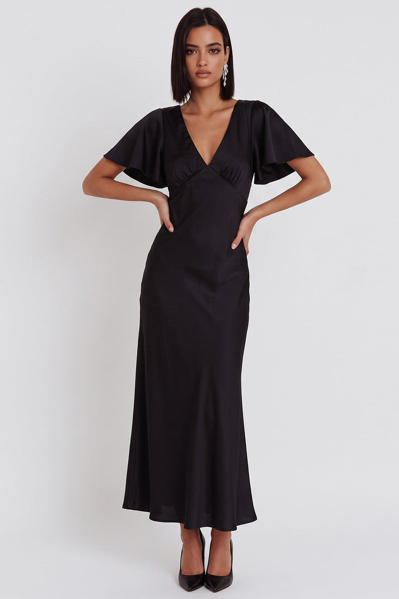 Laden Sie das Bild in den Galerie-Viewer, Schwarzes Satin Meerjungfrauen V-Ausschnitt Midi-Cocktailkleid mit Flatterärmeln