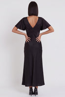 Laden Sie das Bild in den Galerie-Viewer, Schwarzes Satin Meerjungfrauen V-Ausschnitt Midi-Cocktailkleid mit Flatterärmeln
