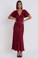 Laden Sie das Bild in den Galerie-Viewer, Schwarzes Satin Meerjungfrauen V-Ausschnitt Midi-Cocktailkleid mit Flatterärmeln
