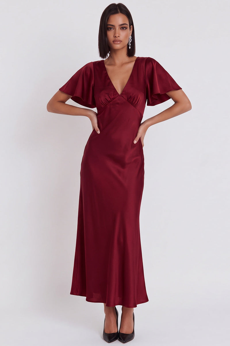 Laden Sie das Bild in den Galerie-Viewer, Schwarzes Satin Meerjungfrauen V-Ausschnitt Midi-Cocktailkleid mit Flatterärmeln