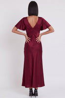 Laden Sie das Bild in den Galerie-Viewer, Schwarzes Satin Meerjungfrauen V-Ausschnitt Midi-Cocktailkleid mit Flatterärmeln