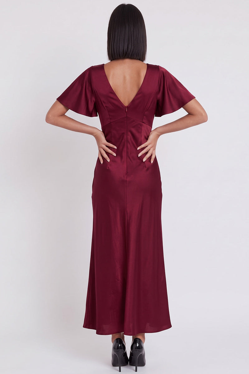 Laden Sie das Bild in den Galerie-Viewer, Schwarzes Satin Meerjungfrauen V-Ausschnitt Midi-Cocktailkleid mit Flatterärmeln