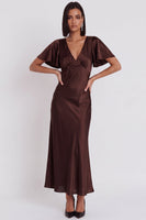 Laden Sie das Bild in den Galerie-Viewer, Schwarzes Satin Meerjungfrauen V-Ausschnitt Midi-Cocktailkleid mit Flatterärmeln
