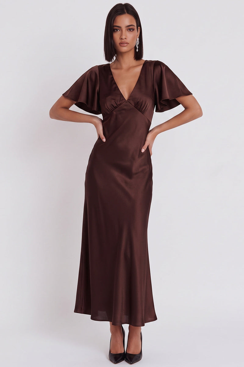 Laden Sie das Bild in den Galerie-Viewer, Schwarzes Satin Meerjungfrauen V-Ausschnitt Midi-Cocktailkleid mit Flatterärmeln