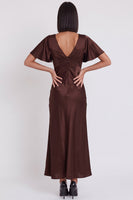 Laden Sie das Bild in den Galerie-Viewer, Schwarzes Satin Meerjungfrauen V-Ausschnitt Midi-Cocktailkleid mit Flatterärmeln