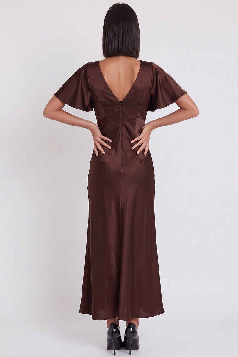 Laden Sie das Bild in den Galerie-Viewer, Schwarzes Satin Meerjungfrauen V-Ausschnitt Midi-Cocktailkleid mit Flatterärmeln