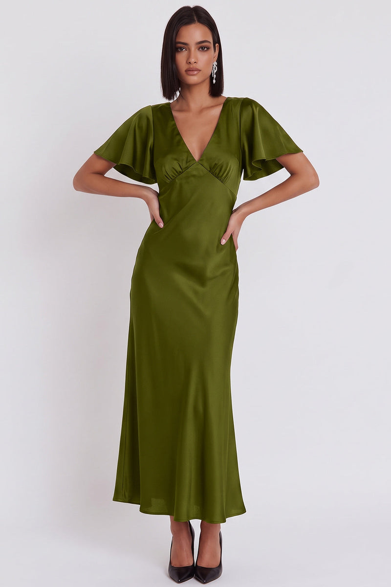 Laden Sie das Bild in den Galerie-Viewer, Schwarzes Satin Meerjungfrauen V-Ausschnitt Midi-Cocktailkleid mit Flatterärmeln