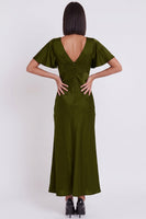 Laden Sie das Bild in den Galerie-Viewer, Schwarzes Satin Meerjungfrauen V-Ausschnitt Midi-Cocktailkleid mit Flatterärmeln