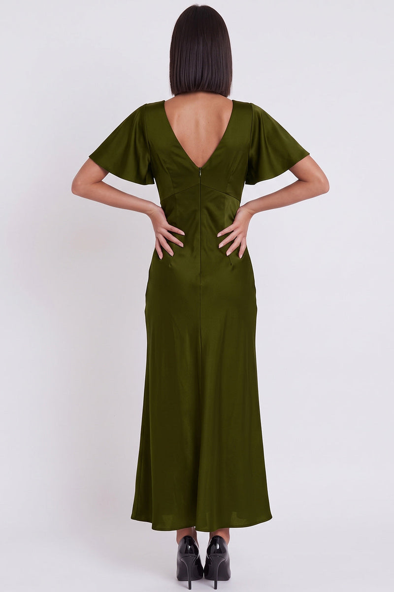 Laden Sie das Bild in den Galerie-Viewer, Schwarzes Satin Meerjungfrauen V-Ausschnitt Midi-Cocktailkleid mit Flatterärmeln