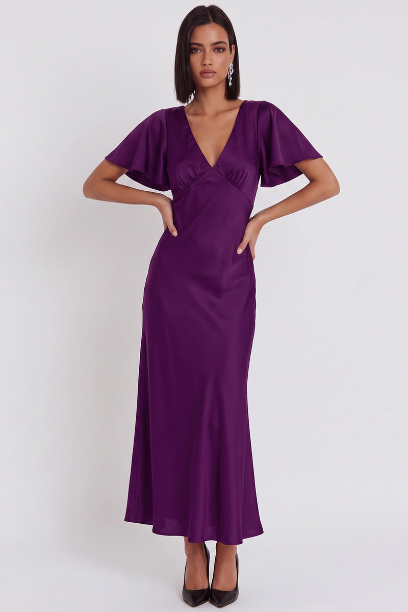 Laden Sie das Bild in den Galerie-Viewer, Schwarzes Satin Meerjungfrauen V-Ausschnitt Midi-Cocktailkleid mit Flatterärmeln