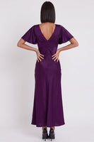 Laden Sie das Bild in den Galerie-Viewer, Schwarzes Satin Meerjungfrauen V-Ausschnitt Midi-Cocktailkleid mit Flatterärmeln