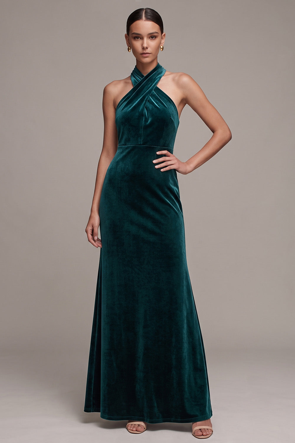 Pfauen Neckholder Scheide Maxi Samtkleid