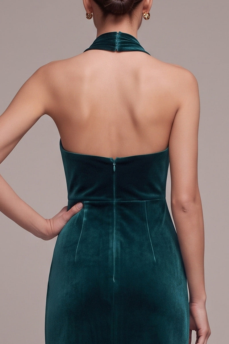 Laden Sie das Bild in den Galerie-Viewer, Pfauen Neckholder Scheide Maxi Samtkleid