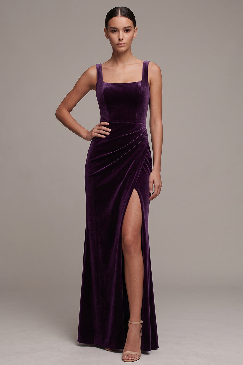 Pflaumen Scheide Quadrathals Langes Samtkleid mit Schlitz